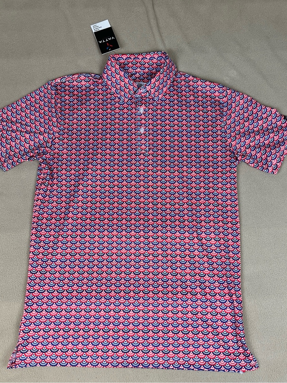 Yatta Golf Polo. Patriotic USA Flag & Fan, UPF 40. Polyester. Men Sz S